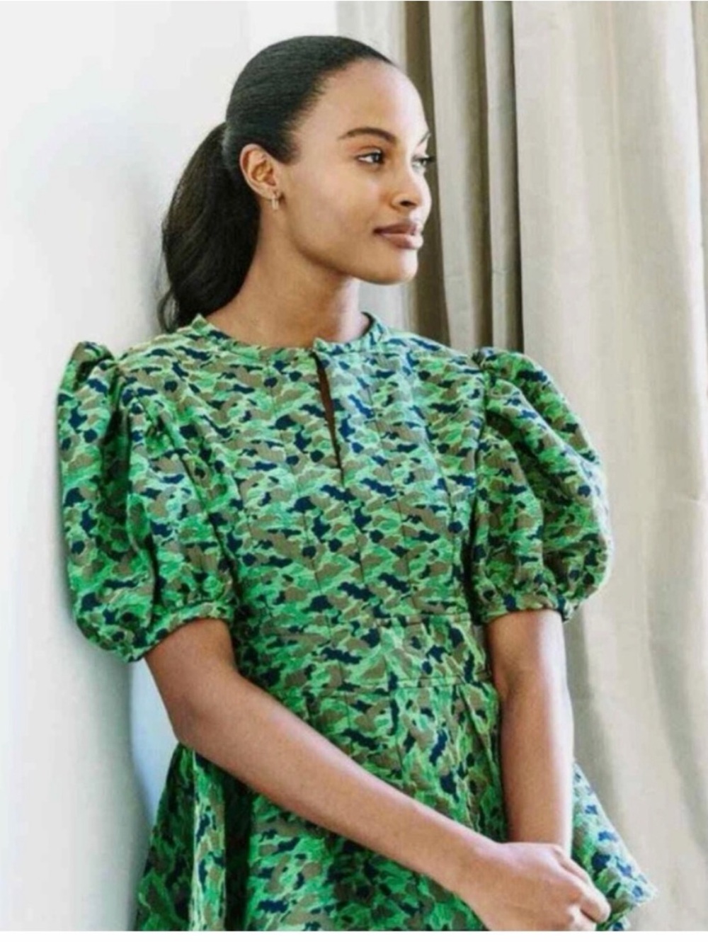 Noble 31 Camouflage Green Brocade Peplum Puff Sleeve
Eliza Top